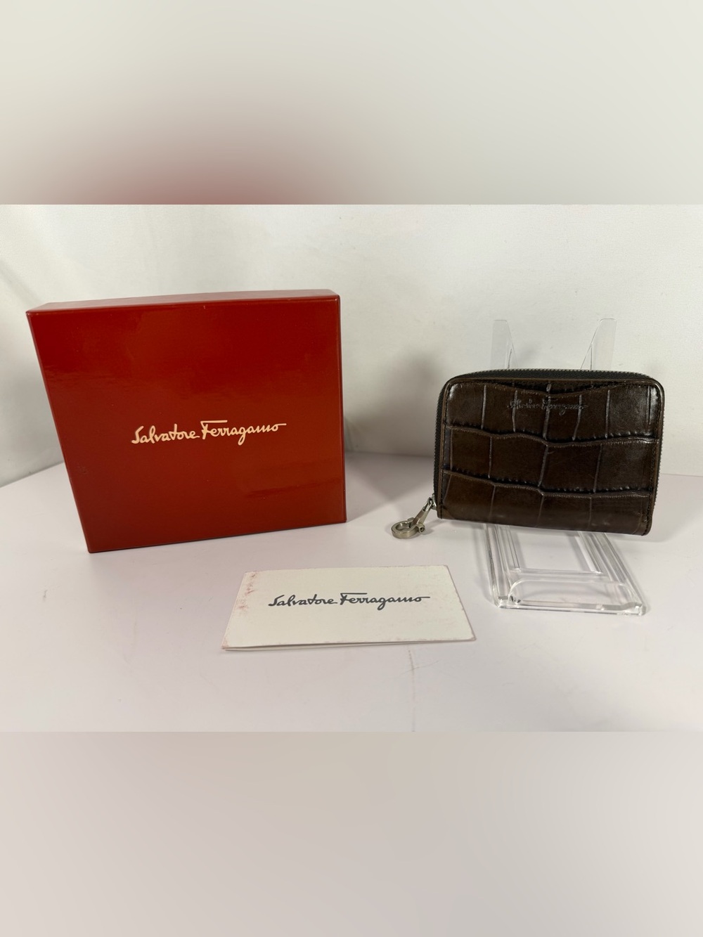 Salvatore Ferragamo Croc Embossed Leather Zip Around Coin Wallet Brown